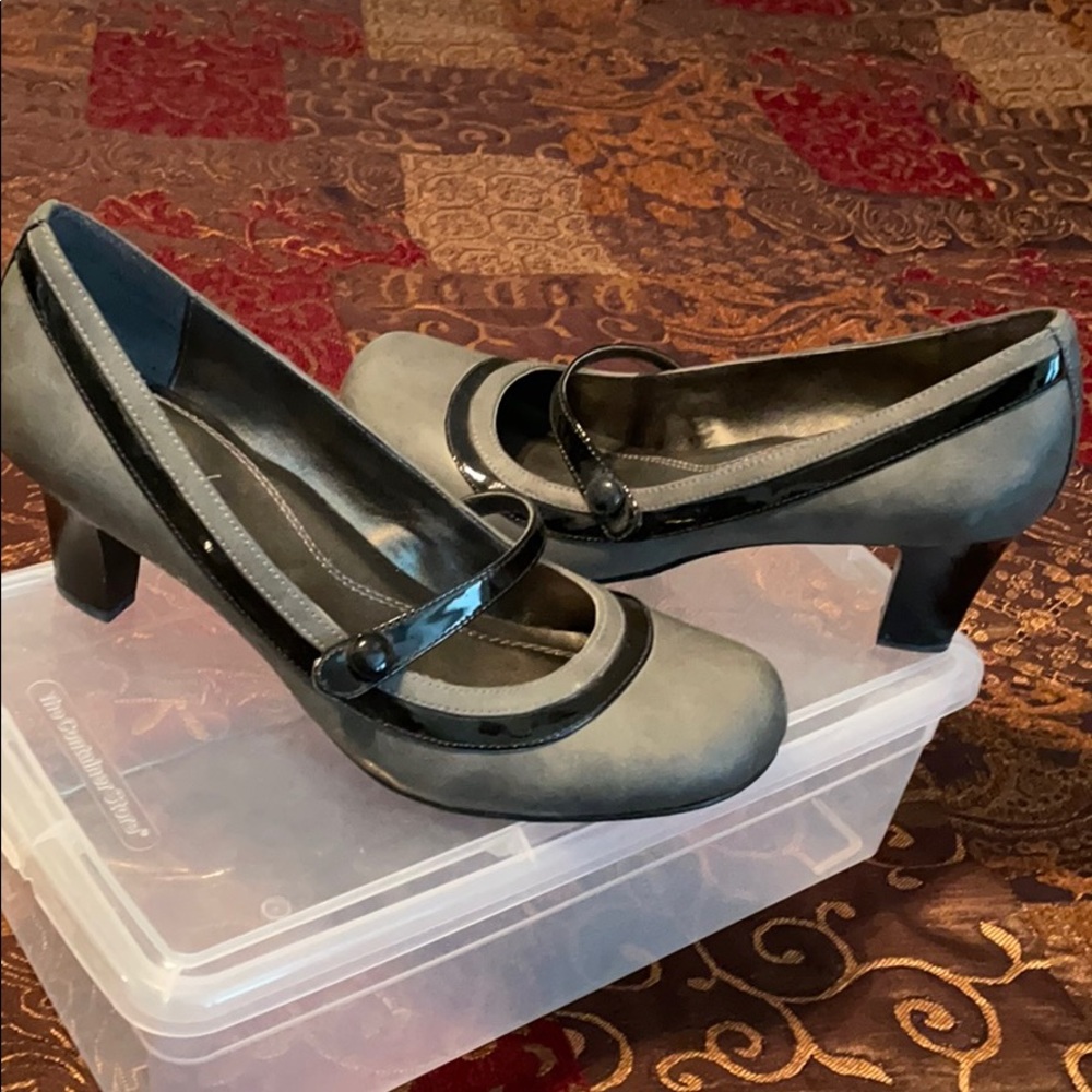 Gray and black closed toe heels